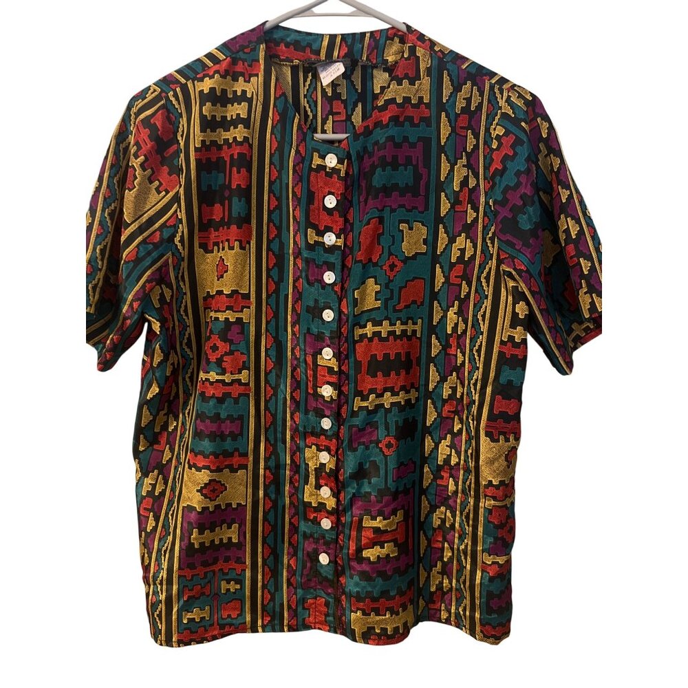 Vintage Gianna Geometric Button-Up Shirt – Size Small, Made in USA‎